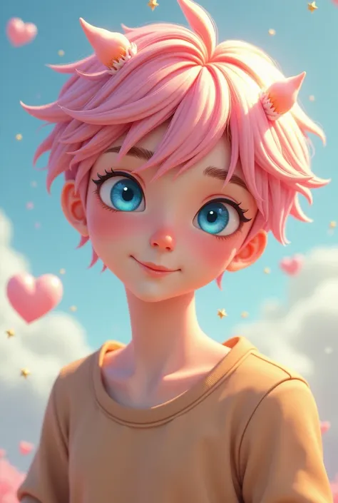  Male character short hair pink ,  sky blue eyes, PIEL BLANCA, light brown clothing , hair accessories such as stars and hearts 