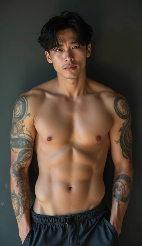 adult man 25 years old, muscular,  short black wavy hair ,  modern Korean hairstyle , wide jaw,  honey-colored eyes ,  snake tattoos , nose freckles,  intimidating look, sweaty ,  blushed on face ,  scar on lip ,  smiling pleased,  Full body naked , dynami...