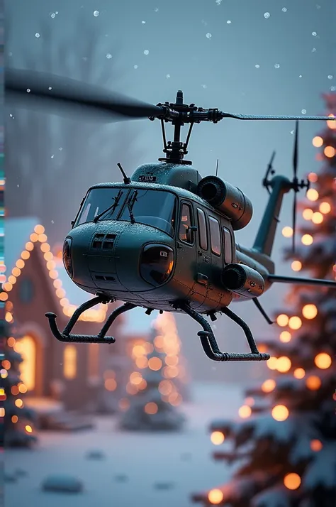 UH1H helicopter flying with Christmas background 
