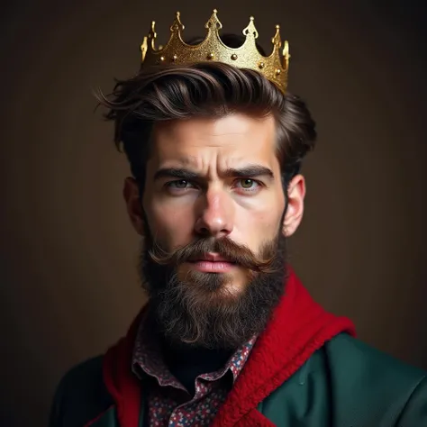 the most handsome brunette man with a crown, king, tidy beard, ((brunette))), short hair