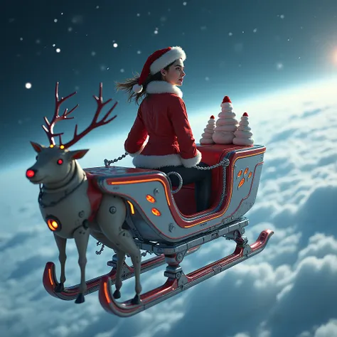 hyperrealistic 8k, a very sexy futuristic smiling girl wearing a Santa Claus hat sitting on a futuristic intergalactic flying sleigh pulled by a robotic cybernetic reindeer