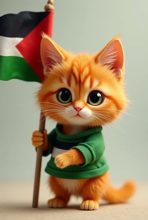 A very small orange cat wearing a Palestine shirt carrying the flag of Palestine 