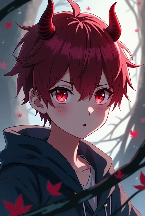 A boy with dark red hair horns and red eyes anime style
