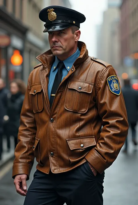 A police officer wears a jacket made of wood