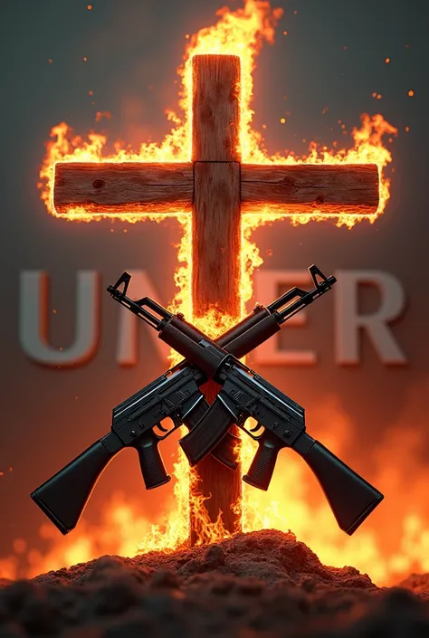 Image of cross two AK 47 on fire With 3dname UmerAk47 in background 