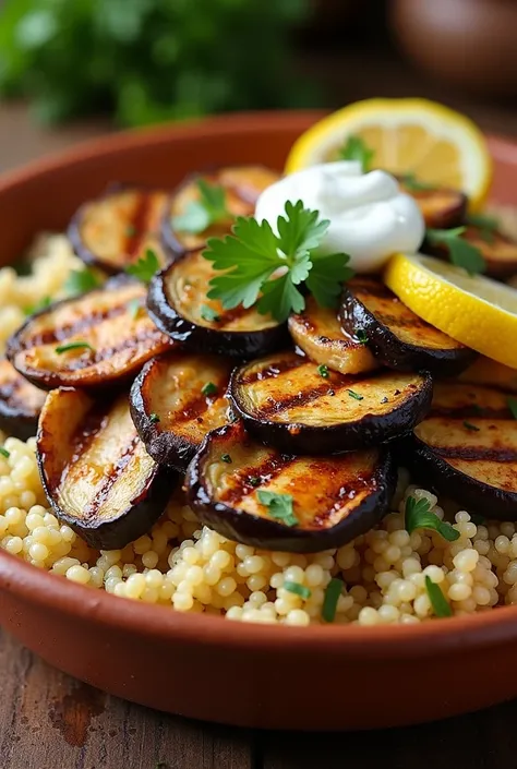 Maqlouba dish with grilled chicken and grilled eggplant as a layer inside bulgur