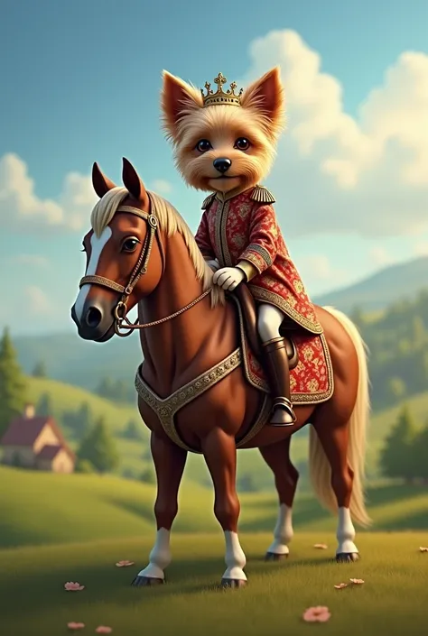  I would like you to create the image of a Yorkshire terrier riding a horse, That this royal dress 