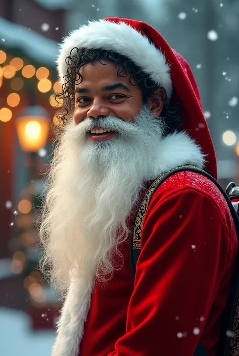 Michael Jackson dressed as a bearded Santa Claus smiling