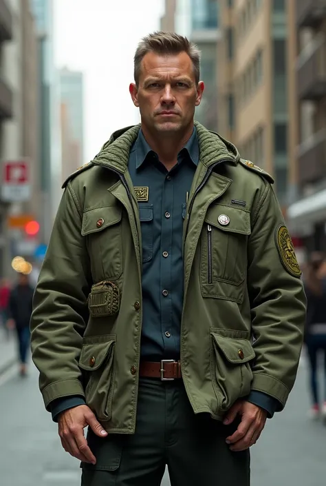 A police officer wears a jacket made of tree