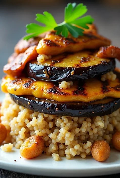 Bulgur dish cooked with a layer of eggplant cooked on top of it with a layer of bulgur cooked on top of grilled chicken and garnished with parsley