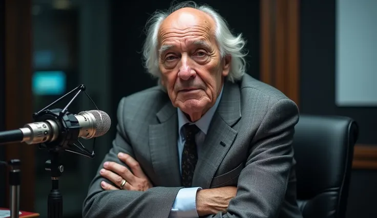 shaved old man ,  sin barba y sin vigote,   with bald and slightly long white hair dressed in a gray suit ,  sitting in a podcast studio with his arms crossed with a streamer microphone in front. 