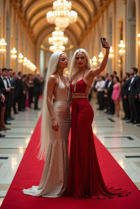 A beautiful Instagram model with white long hair and green eyes and her friend snapping a selfie on a red carpet leading into an exclusive Silvester gala, their outfits and poses exuding sophistication.