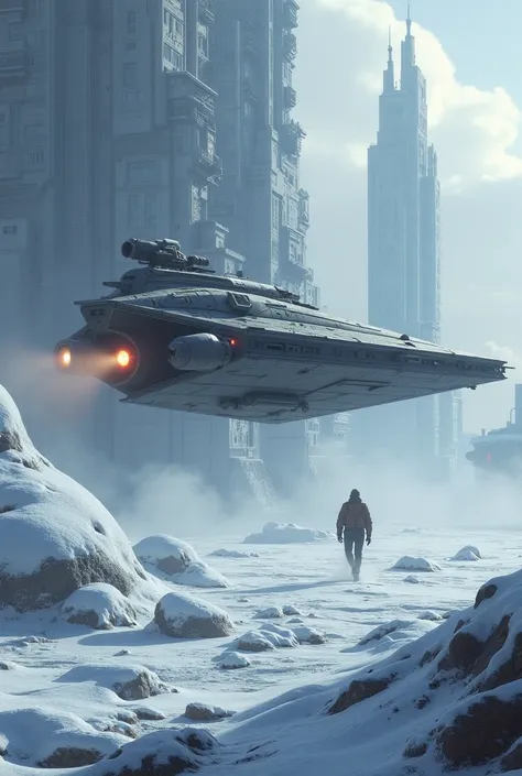 A star wars style spaceship lands on an icy space colonial city 