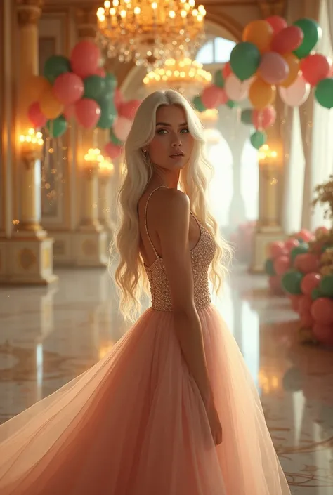 A beautiful Instagram model with white long hair and green eyes posing in a luxury ballroom filled with balloons and twinkling lights, her flowing dress blending with the festive opulence.