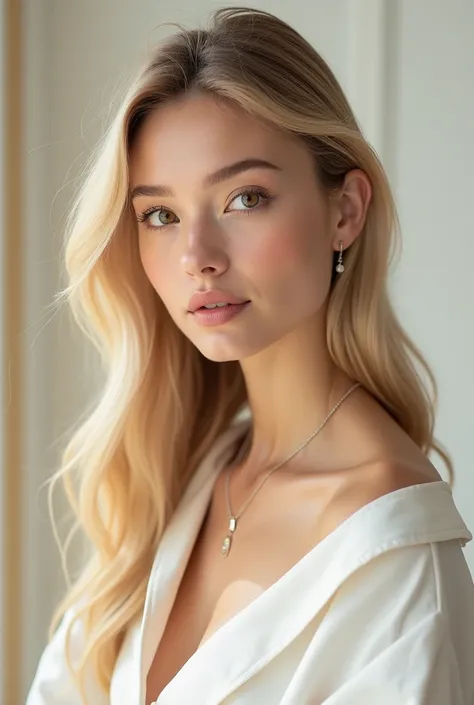 A beautiful blonde girl, a Russian-Korean teenager .  , advertises and advertises a cosmetics product for a famous French company 