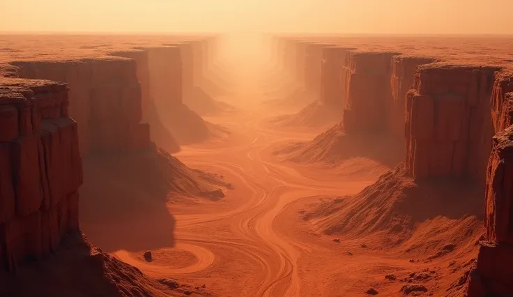 paisaje intrincado A labyrinth of intricate, arid pathways and winding roads weaves through the heart of a massive canyon of deep red earth, stretching endlessly across a lifeless, post-apocalyptic planet. The sun looms overhead, a blazing inferno casting ...