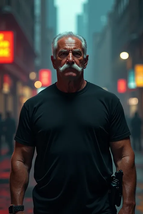 60-year-old cop with mustache and black t-shirt 