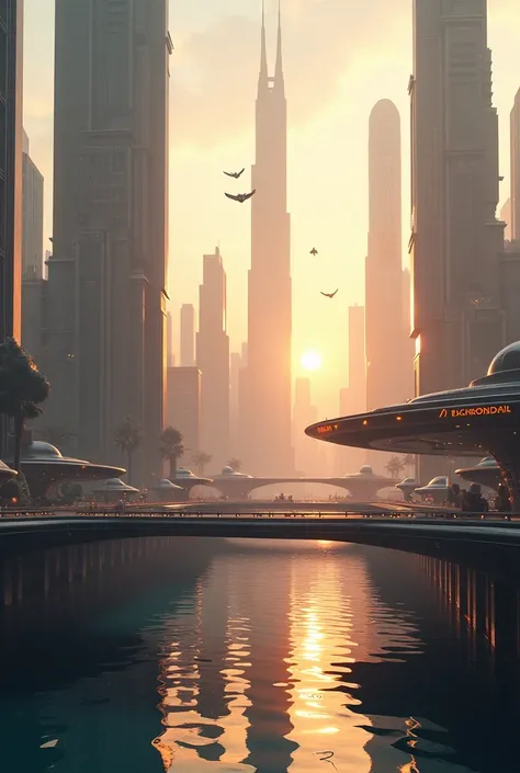 A futuristic city with floating skyscrapers and flying vehicles at sunset.
