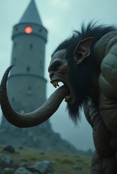 A muscular orc blows into a huge horn to attack . 4k realistic, details, few colors, gloomy mood, mordant,  in the background blurred to see the tower with the burning eye at the tip of Lord of the Rings