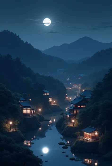 I want a breathtaking wallpaper with its realism of a Japanese village at night with subdued colors 