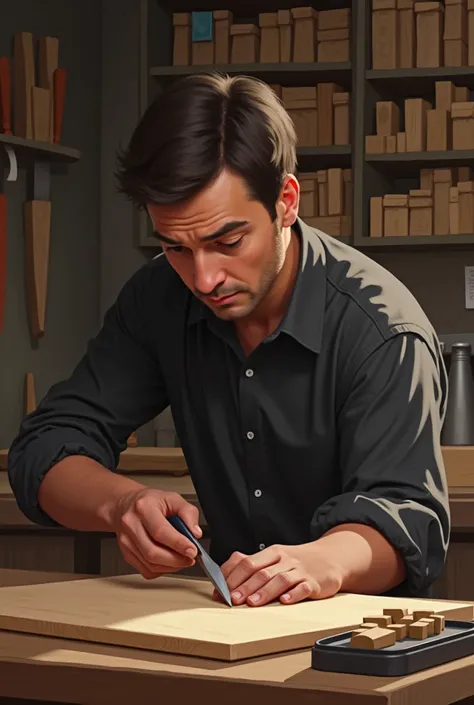 The image depicts a person engaged in woodworking in a well-equipped workshop. The individual, dressed in a dark shirt, is focused on a task at hand. The workspace is organized with various tools and materials neatly arranged on shelves and workbenches. Th...