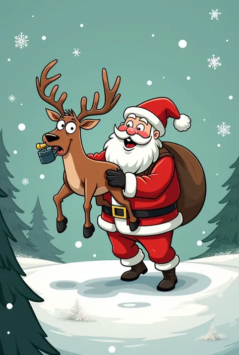 Cartoon of Santa Claus carrying a reindeer with gasoline