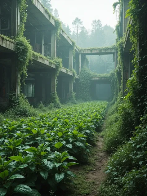 Large plantation at a post-apocalyptic military base, 2030 absence of vehicles and people 