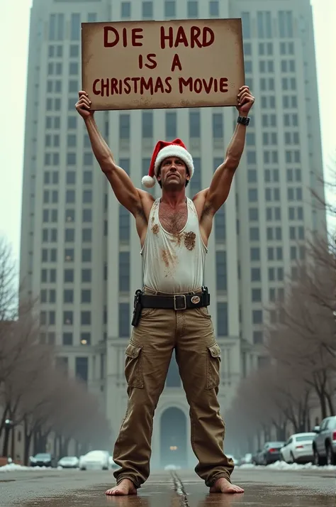 Die Hard, John McClain with Santa hat wearing a dirty white tank top dirty beige pants no shoes standing in front of the Nakatomi building holding a sign that reads, Die Hard is a Christmas movie 