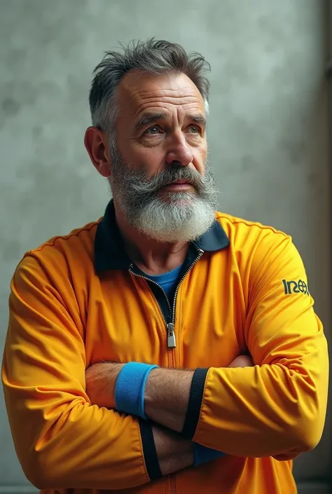 un señor bastante moreno, que sea flaco de cara, barba tipo candado de edad de 55 años, que este con guantes de futbol y con algunas canas en el pelo lacio y peinado formal pero con el pelo corto, vestido no tan formal, ponlo con un uniforme de portero  y ...