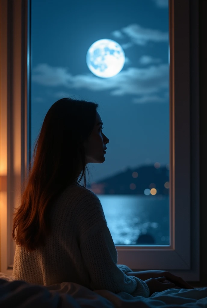 A photo of a person watching the moon from their window