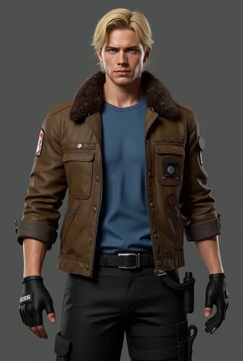 Leon S Kennedy, realistic skin texture, realistic hair texture, blonde hair, brown jacket, with fur collar, blue T-shirt, black, fingerless, gloves, tactical belt around the waist, black, cargo pants, black thigh holster. 