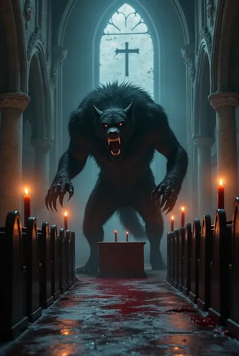 A black werewolf in a dark church with black candles and a bloody altar