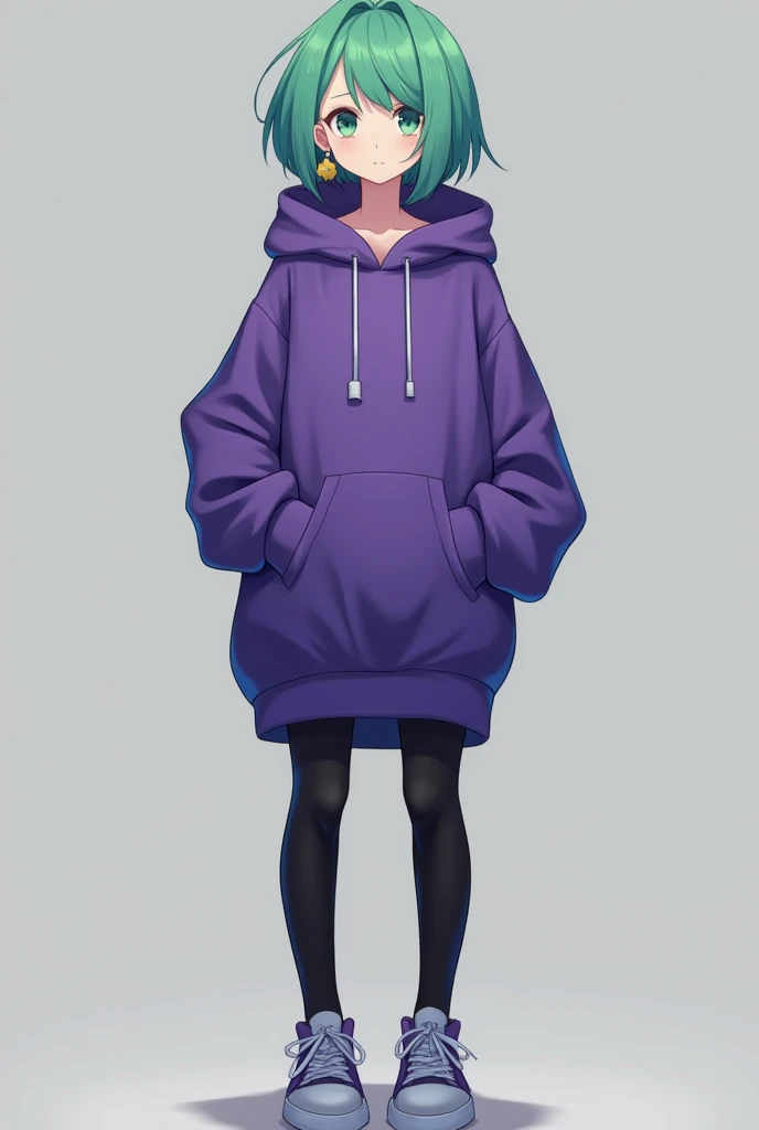 "Female character with short green hair, parted bangs, and aqua eyes, wearing a purple hoodie with the hood down and black leggings. She has Potara earrings, sneakers, and a simple expression. Her hands are in her pockets, and she is standing in front of a...