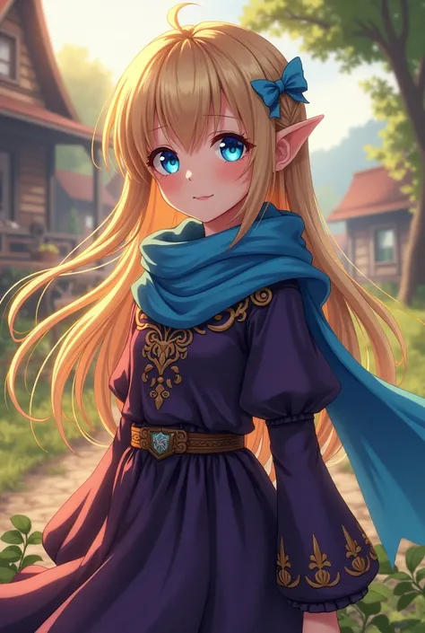 A little village girl with very long blonde hair and a bright blue eye wearing a bright blue scarf and a dark purple anime style dress