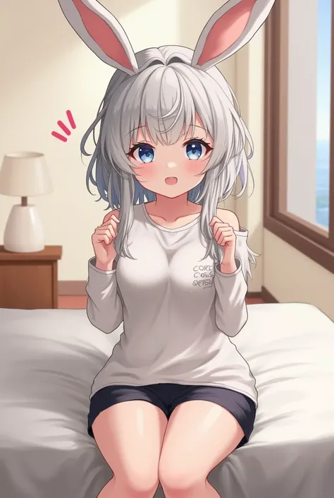 Create girl  ( with rabbit ears ,  silver hair,  height 1.30m,  hips wider than shoulders,  dressed in short clothes, pecho pequeño),  position  ( sitting on a bed,  playing with their hair ),  scenario a hotel room . 