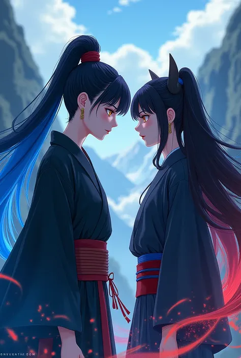  Two youths against the background of mountains Japanese-looking women look at each other. More realistic style . 

 The first has hair in a high ponytail .  The bangs on the sides frame the face . Earring in ear. Black and Blue hair . sword . strict,  bla...