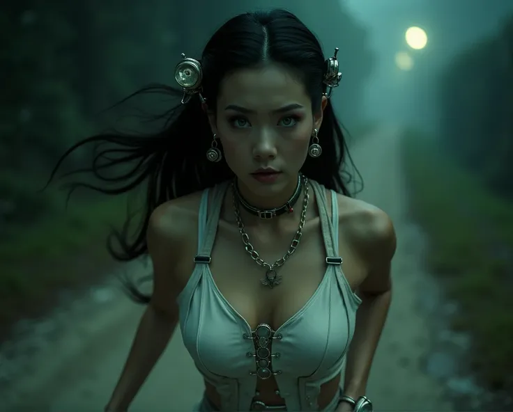 color noir style close up cinematic photograph of a beautiful Chinese woman, green eyes, Anouk Aimée style hair, sexy and sculpted body, beautiful breasts, in metallic white steampunk outfit, belt, necklace and glasses, running (((scared))) on a dirt road ...