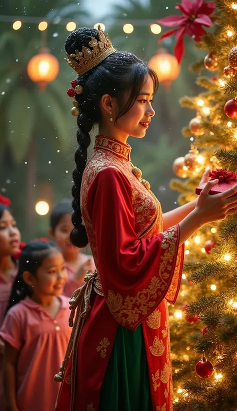 A stunning depiction of a Thai girl Santa Claus in a red and gold chut thai, the traditional Thai attire, reimagined for Christmas. Her outfit features intricate designs of golden stars and holly leaves, with a flowing green skirt and gold accents. She sta...