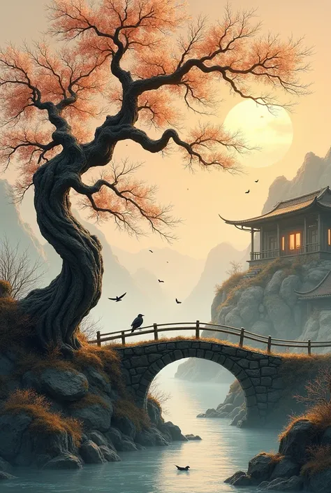 a detailed, high quality ancient Chinese painting of an aged, gnarled grapevine with dried, withered leaves, surrounded by a small bridge over a flowing stream, with an old, simple dwelling in the distance, as a cold western wind blows, and the sun sets, c...