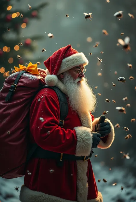 High definition image Santa Claus carries a red bag on his back, supposedly containing presents, desperately tries to escape an attack of hundreds of flies, light and shadow on his clothes, she is in a Christmas atmosphere, high definition image., immersiv...