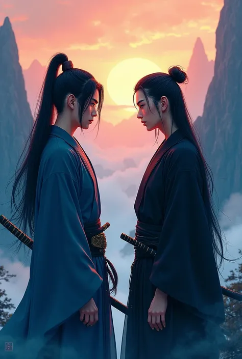  Two Japanese-looking men against the background of the mountains,  looking at each other . more realistic, Live Style . 

 The first has hair in a high ponytail .  The bangs on the sides frame the face . Earring in ear. Black and Blue hair . sword . stric...