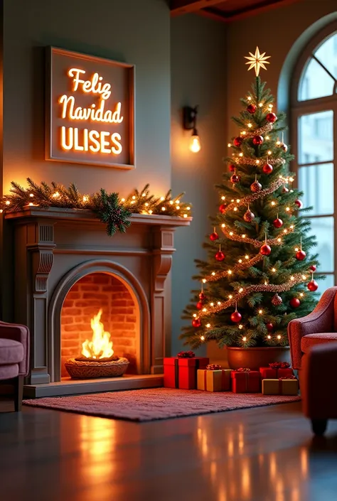 A 3D render of a cozy living room during the Christmas season. The room has a fireplace with a mantel adorned with garlands, wreaths, and twinkling lights. Above the fireplace, the text "Feliz Navidad ULISES" is prominently displayed. A majestic Christmas ...