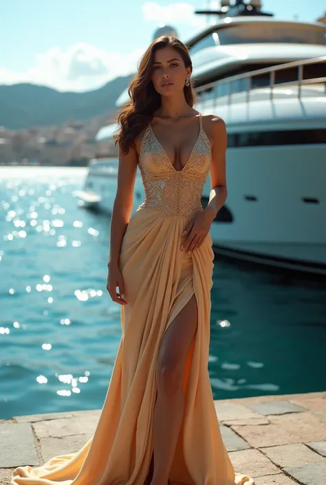 tall attractive woman, thin waist, wide hips, big breasts, luxuriously dressed near a yacht on a pier against the background of the Mediterranean sea in Monaco