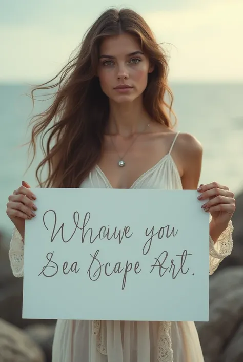  Beautiful girl with long wavy hair, bohemian dress,  holding a white board with the text " I Love Seaart Infinity "  and showing it to the spectator