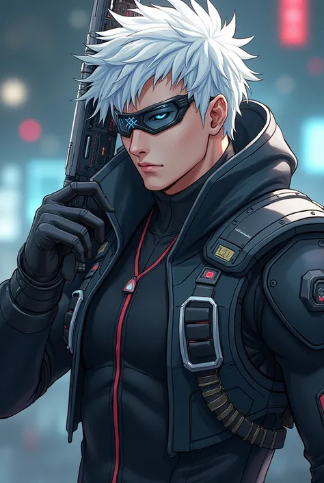 Generate in an anime a serious full-bodied male character with sharp white hair dressed in 
Ultra-technological and ultra-detailed technological weapon and a Leizer eyeglass 