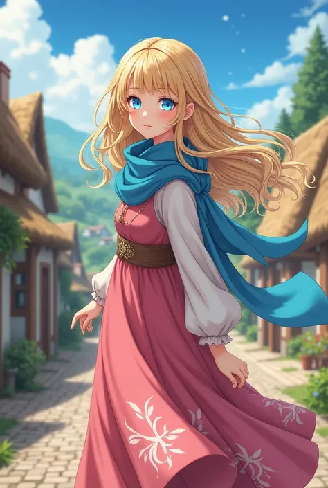 A little village girl with very long blonde hair and a bright blue eye wearing a bright blue scarf and a long dark pink dress in the style of anime