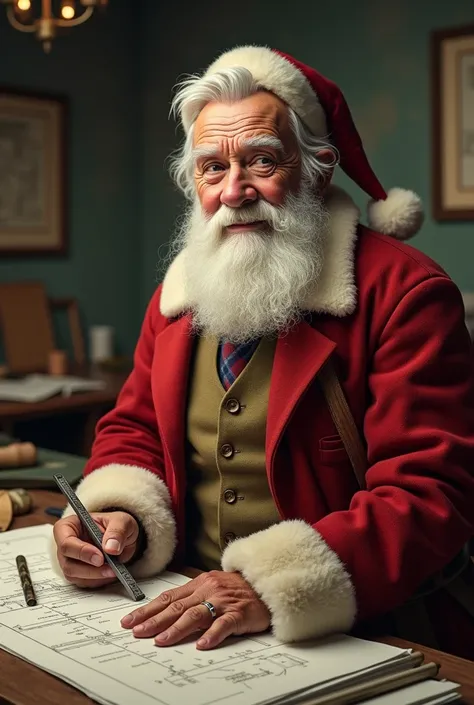 OLD SANTA CLAUS ARCHITECT WITH SQUARE AND SCALIMETER IN HIS HAND0