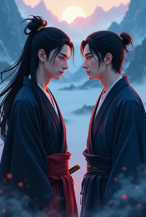  Two Japanese-looking men against the background of the mountains,  looking at each other . more realistic, Live Style . 

 The first has hair in a high ponytail .  The bangs on the sides frame the face . Earring in ear. Black and Blue hair . sword . stric...