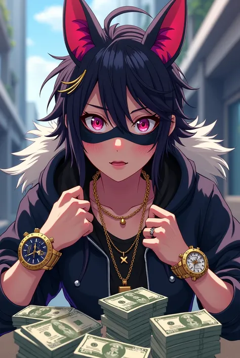 Generate an anime of a masked teenage guy wearing fancy wrist watches and flauncting cash money