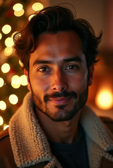 Create a festive Christmas scene featuring a portrait of a man with a calm, confident expression (this should resemble Aham Sharma, with a clear focus on his face). Surround him with soft glowing Christmas lights and subtle snowflakes falling gently in the...